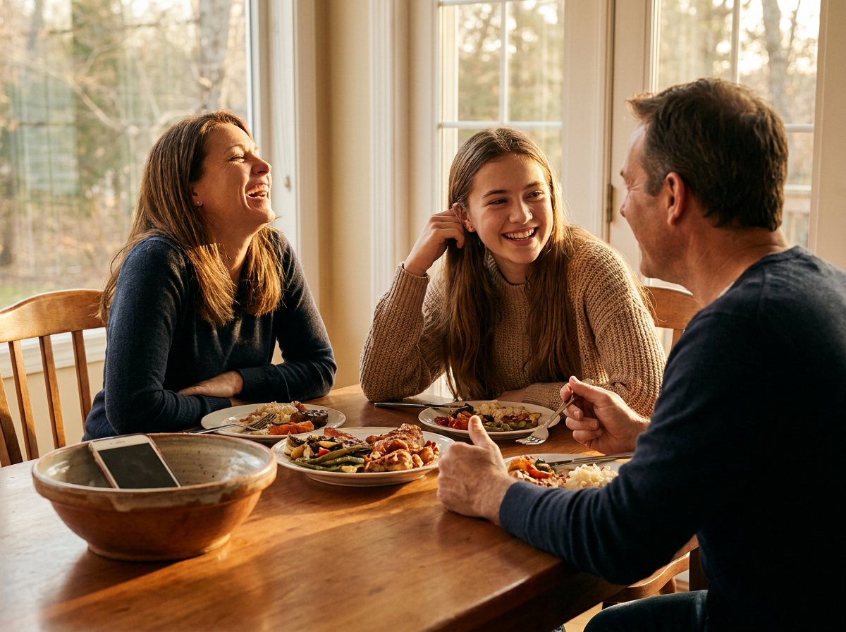 A family laughing together at the dinner table, phone set aside