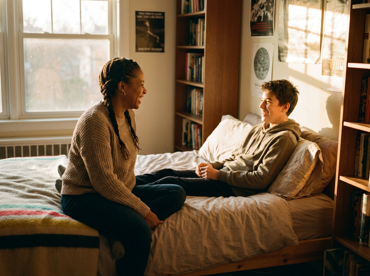 A mother and teenage son laughing together during an open conversation